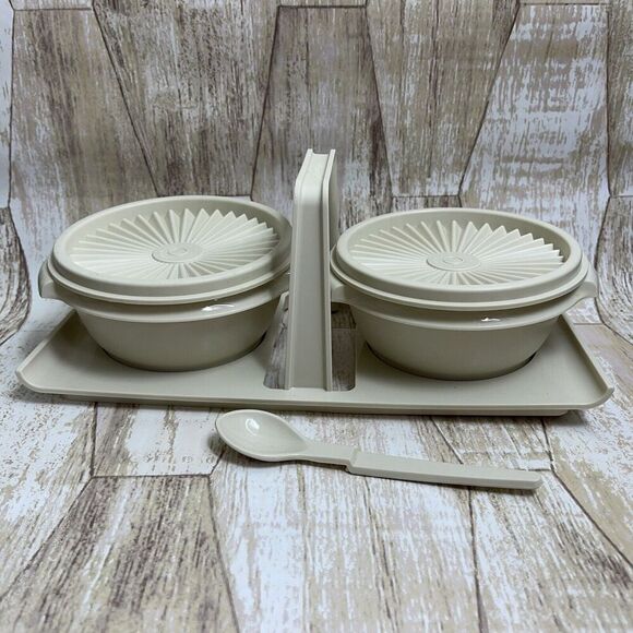 Vintage TUPPERWARE two 1323 Condiment Bowls W/Lids 812 Caddy 1550 spoon - Picture 1 of 16